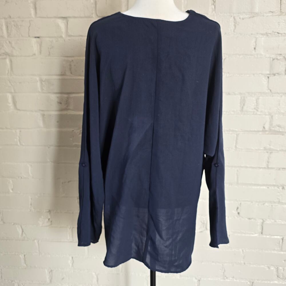 Minimalist Navy Blue V-Neck Roll Tab Long Sleeve Tunic Blouse Business Casual - Picture 3 of 9